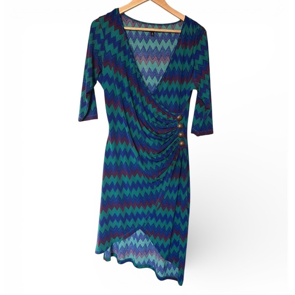 Nick Verreos Dress Womens 12 Faux Wrap Multicolor Chevron Ruched EUC